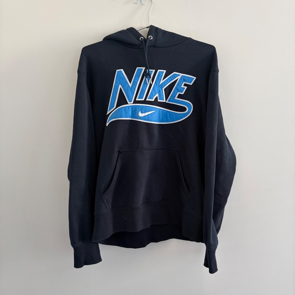 Nike Mens Spellout Logo Graphic Pullover Hoodie Navy Blue Large